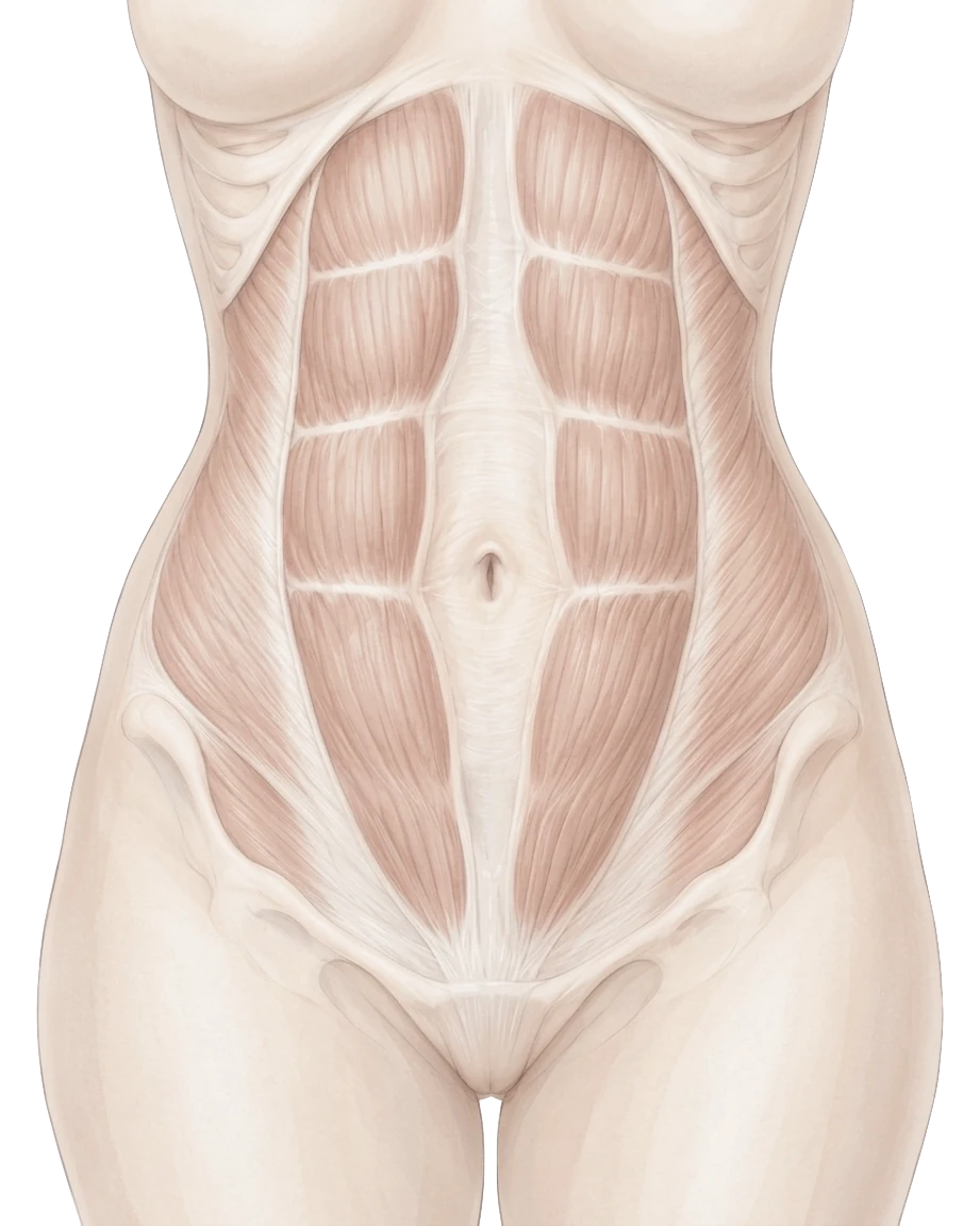 Prancha anatômica da parede abdominal vista de frente, com os músculos retos de cada lado e a linha alba alargada entre eles.