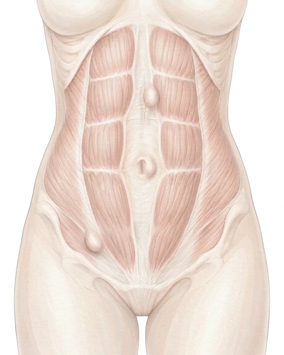 Prancha anatômica da parede abdominal com os abaulamentos das hérnias epigástrica, umbilical e inguinal.